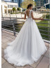 Scalloped V Neck Beaded White Lace Tulle Wedding Dress